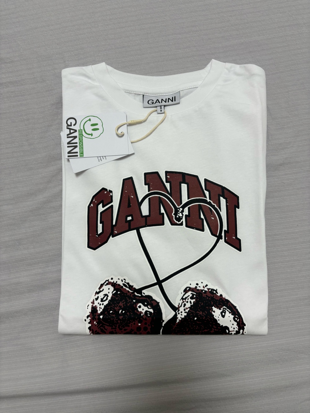 Ganni White Tank Top with Maroon Graphic